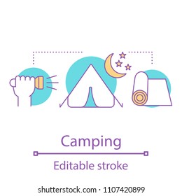 Camping night concept icon. Outdoor recreation idea thin line illustration. Tent, camping mat, flashlight. Vector isolated outline drawing. Editable stroke