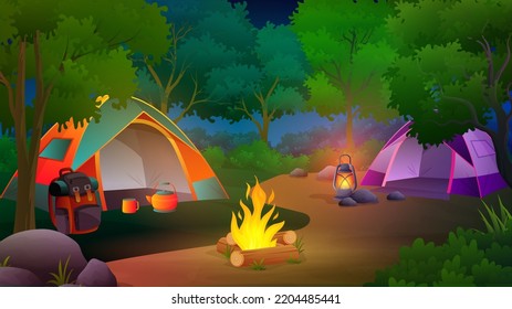 Camping at night in the deep forest with different tent, lights campfire, trees, cartoon landscape