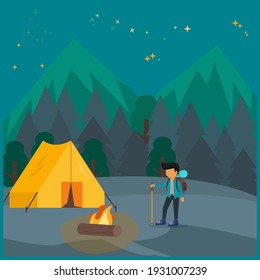 camping at night flat illustration of vector graphic