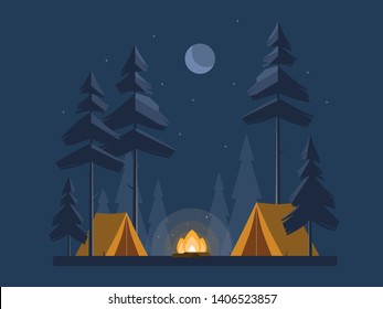 Camping night in the forest flat illustration