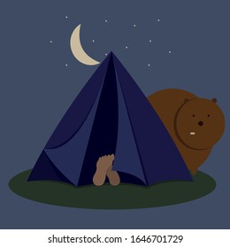 camping night with funny bear