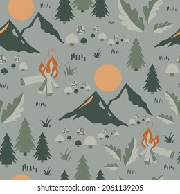 Camping Night Green Vector Seamless Repeat Pattern.