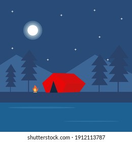 Camping night, illustration, vector on a white background.