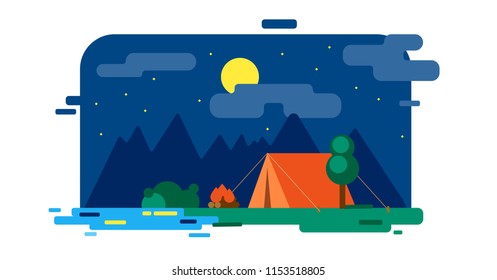 Camping. Night landscape with a tent against a background of mountains, a fire burning. Vector flat illustration.