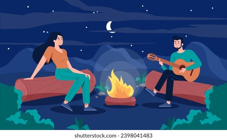 Acampando de noche. Hombre con guitarra acústica y mujer en troncos cerca de la hoguera. Senderismo y estilo de vida activo. La pareja joven descansa en la naturaleza, en el ocio al aire libre. Dibujo vectorial plano de dibujos animados