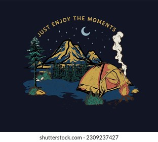 camping night at mountain vector illustration, mountain night campfire, outdoor camping print design for t shirt, sticker, poster, moonlit night at mountain, tent and campfire vector