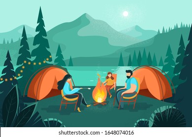 Camping night in the mountains near the river and forest. People near the fire in the evening. Flat style mountains in summer, spring. Landscape background with tents. Family at the camp vacation.