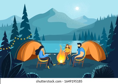 Camping night in the mountains near the river and forest. People near the fire in the evening. Flat style mountains in summer, spring. Landscape background with tents. Family at the camp vacation.