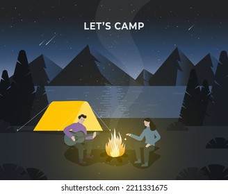 Camping night in the mountains near the river and forest. People near the fire in the evening. Landscape background with tents. Family at the camp vacation. Modern flat design vector illustration.