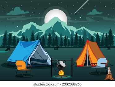 Camping at night near bright lights in a spruce forest under a magical starry sky.
 camping tent icon vector isolated on white background.