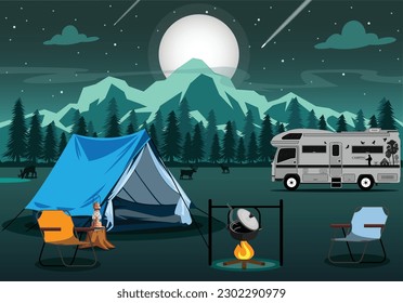 Camping at night near bright lights in a spruce forest under a magical starry sky.
 camping tent icon vector isolated