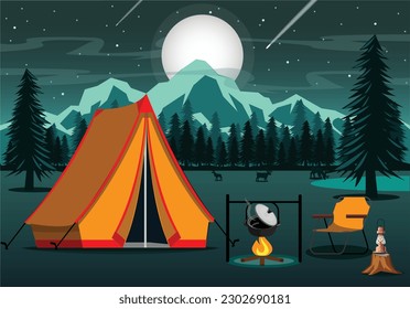 Camping at night near bright lights in a spruce forest under a magical starry sky.
 camping tent icon vector isolated