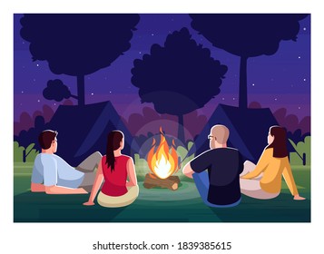 Camping at night semi flat vector illustration. People sit near campfire in evening. Bonfire in forest. Campground for group. Friends on recreation in woods 2D cartoon characters for commercial use
