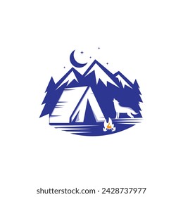 Camping at night simple illustration. Mountain night camping. Cartoon forest landscape with lake, tent and campfire, sky with moon. Vector Beautiful Camping Illustration Vector