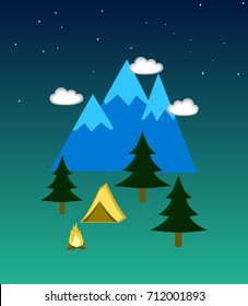 camping in the night. sky with stars and constellation, blue mountains with glaciers, clouds, fir-trees, yellow tent and bonfire on the green gradient background. flat, eps 10