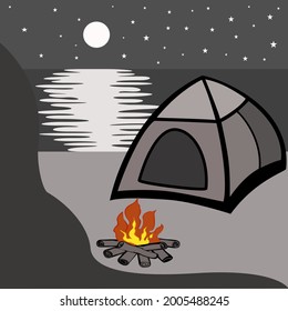 Camping at night surrounded by a beautiful nature. Tent on the beach under the moon and stars. Moon path on the lake.