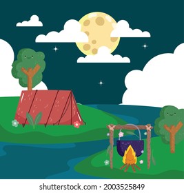 camping night tent campfire cartoon