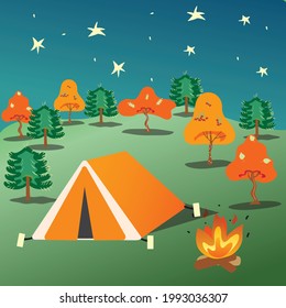 Camping at night. Tent staying in the  forest at night. Adventure at night. Vector illustration.