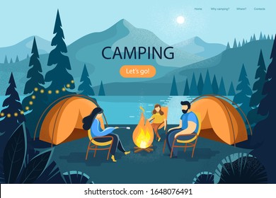 Camping night web deisign for landing page or site. People in the mountains near the fire , river and forest in the evening. Flat style mountains in summer, spring. Landscape background with tents. 