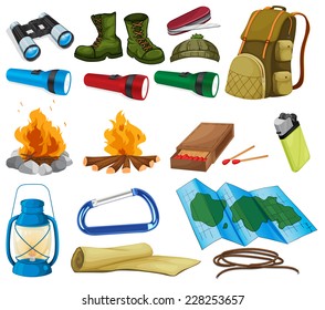 Camping objects and equipment on white