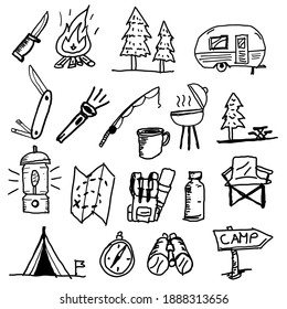 camping objects and equipment sketch logo