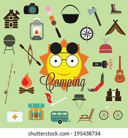 Camping objects icon set