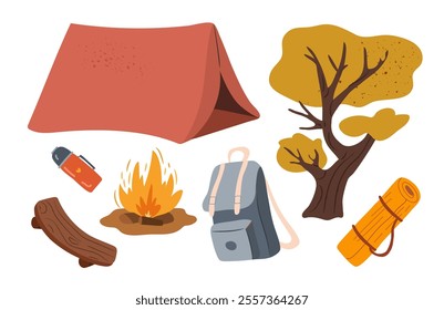 Camping objects illustration set. Vector hand drawn illustration of tree, tent, bonfire, backpack