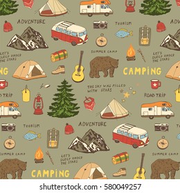 Camping Objects, Trip Doodle Vector Pattern.