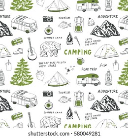 camping objects, trip doodle vector pattern.