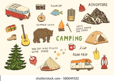 camping objects, trip doodle vector set.