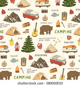 Camping Objects, Trip Doodle Vector Pattern.