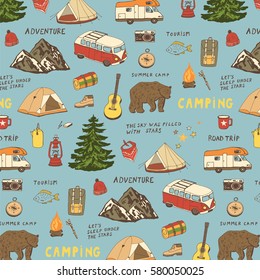 camping objects, trip doodle vector pattern.