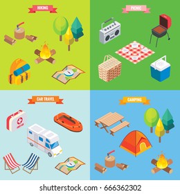 Camping objects in vector isometric style. Flat 3d isometric design. Family vacation, hiking, picnic, car travel. Camp place in forest. Isolated icons and template design. 