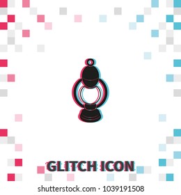 Camping oil lantern  glitch effect vector icon. Gas lamp illustration.