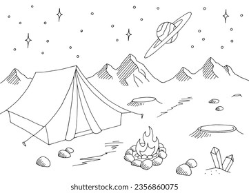 Camping on alien planet graphic black white space landscape sketch illustration vector