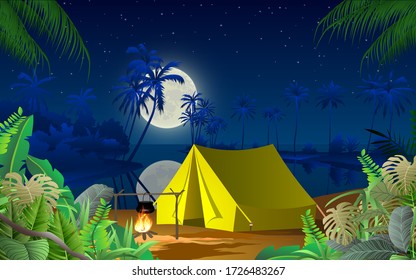 camping on the beach in the night