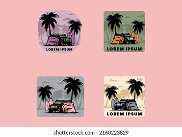 Camping on the beach with off road car illustration design