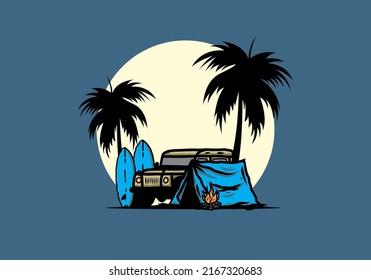 Camping on the beach with off road car illustration design
