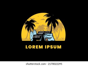 Camping on the beach with off road car illustration design