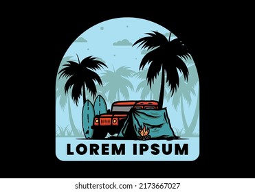 Camping en la playa con diseño de ilustración de coches fuera de carretera