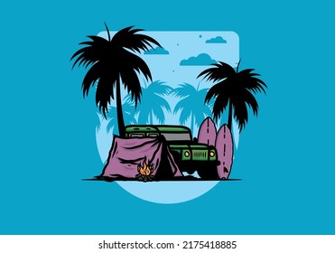 Camping on the beach with off road car illustration design