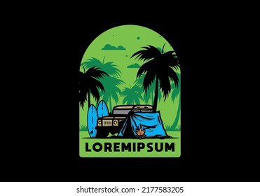 Camping on the beach with off road car illustration design