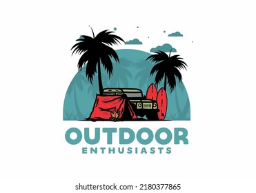 Camping en la playa con diseño de ilustración de coches fuera de carretera
