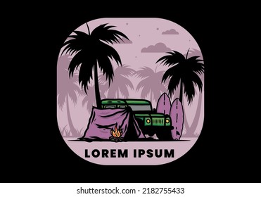 Camping am Strand mit Offroad-Illustration Design