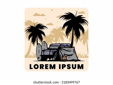 Camping on the beach with off road car illustration design