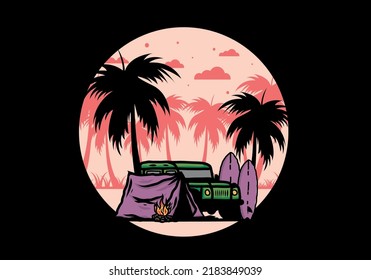 Camping on the beach with off road car illustration design