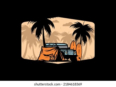 Camping on the beach with off road car illustration design
