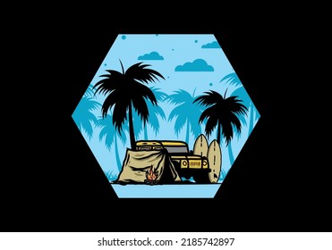 Camping on the beach with off road car illustration design