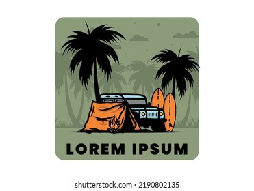 Camping on the beach with off road car illustration design