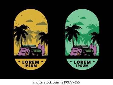 Camping on the beach with off road car illustration design